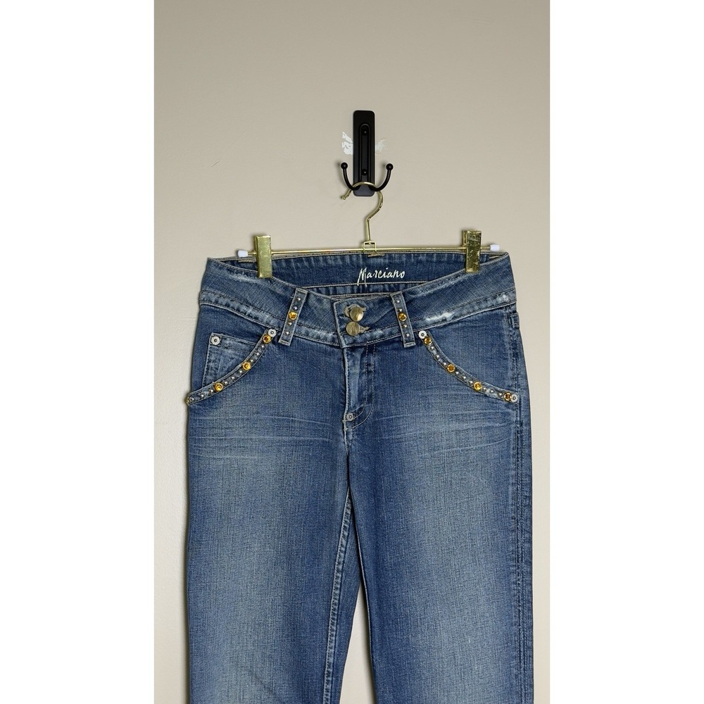 MARCIANO JEANS-Swarovski Crystal Flower Design-Blue Wash-Mid Waist-Sz 27-VTG